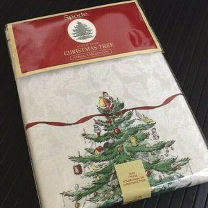 new 70-inch Round Spode Whimsical Christmas Tree Tablecloth IVORY w/ "Red Trim"